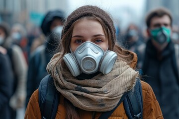 Environmental activist wearing gas mask protesting for clean air, joining a group of people marching in a demonstration