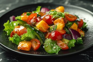 Delicious and colorful summer salad with grilled peach, tomatoes, cucumber, red onion and lettuce seasoned with spices and dressing