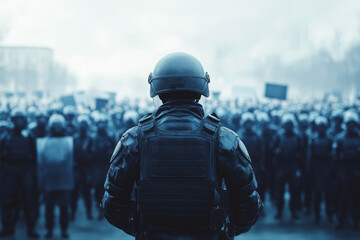 Soldier with helmet and bulletproof vest facing riot police during demonstration in city street at sunset