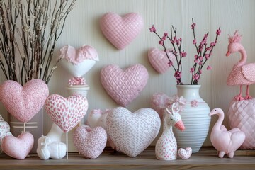 Charming Display of Decorative Hearts and Pink Accents Featuring Whimsical Bird and Floral Arrangements on a Rustic Wooden Surface
