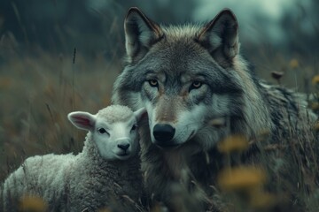 Fototapeta premium Wolf and lamb are relaxing together in a peaceful meadow, creating a heartwarming scene of unlikely friendship