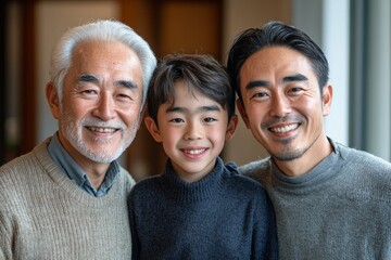 Happy family of grandfather, father and son smiling together, enjoying quality time