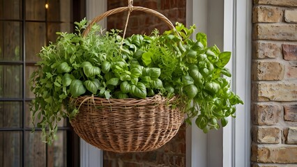 Hanging Basket of Fresh Basil and Herbs