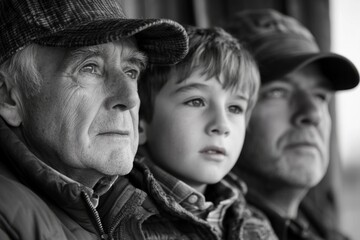 Grandfather, father, and son farmers looking into the distance with thoughtful expressions
