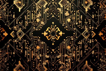 Abstract dark geometric background featuring glowing golden lines and sparkles, creating a modern, futuristic, and elegant design.
