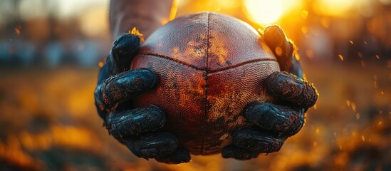 Close-up of muddy hands holding a worn rugby ball at sunset.
