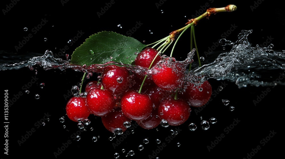 Poster a visually striking image of bright red cherries partially submerged in water, with splashes and dro