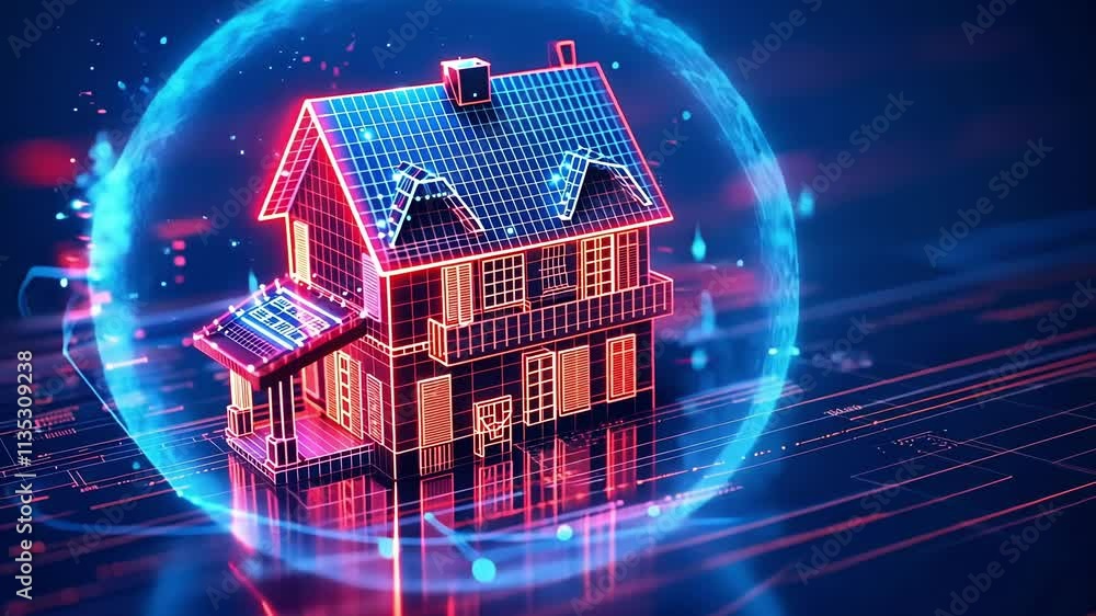 Aufkleber glowing lines and data points create a futuristic cityscape with a wireframe house and solar panels,