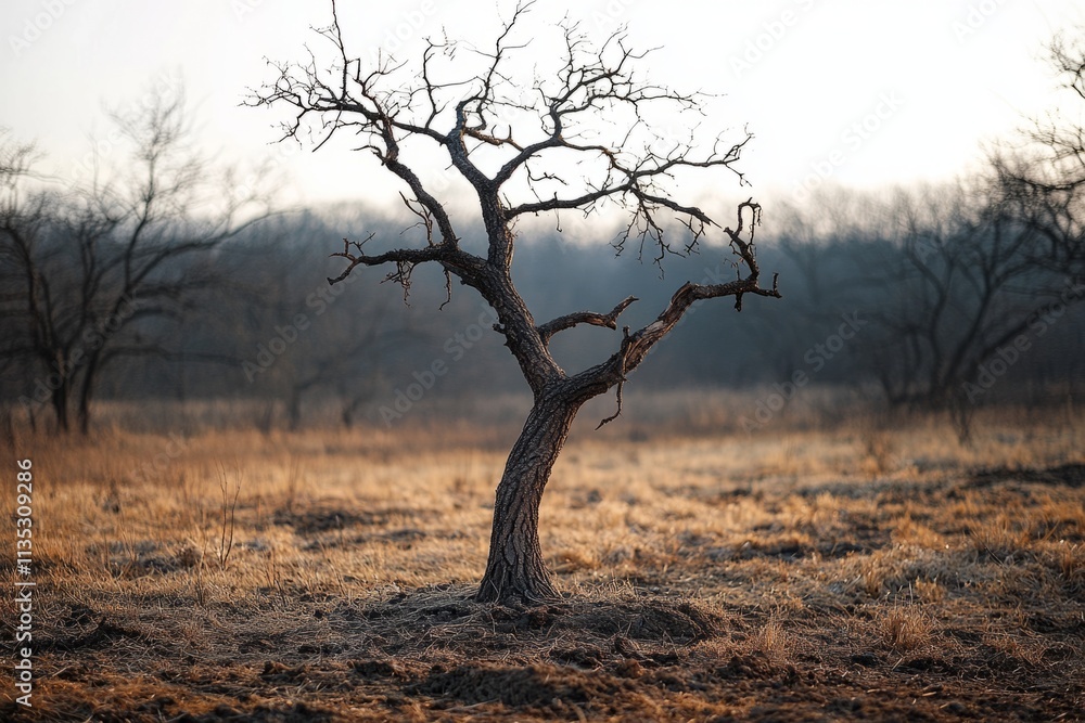 Poster gnarled, leafless tree stands alone in a field of dry grass, illuminated by the soft light of early 