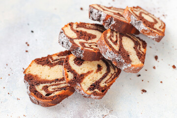 Homemade traditional marble pound cake.