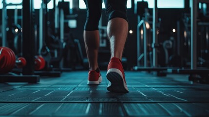 A man performs a leg exercise in a gym with equipment in the background, cinematic wide shot.