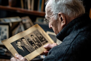 Senior man looking at old photographs remembering good times from his life