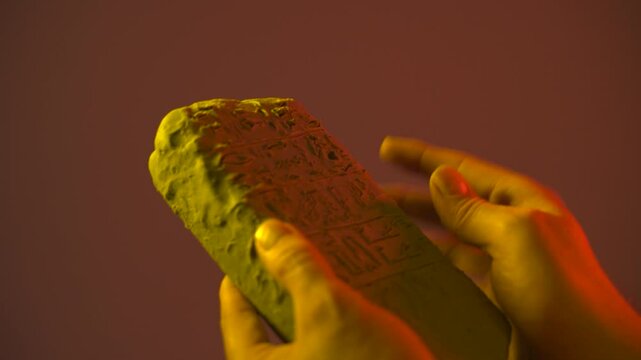 hands holding an Egyptian antiquity cuneiform clay tablet with ancient writings