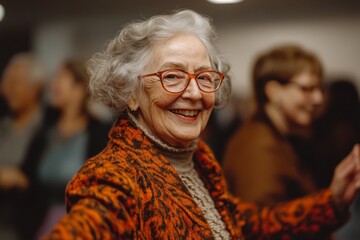 Elderly woman enjoying her time dancing with other seniors at a community center, promoting active aging and social connection
