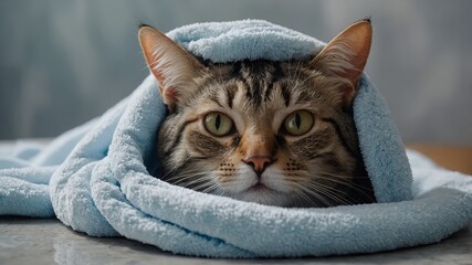 A cozy tabby cat, snugly wrapped in a soft blue towel, is enjoying a peaceful and relaxed afternoon snooze
