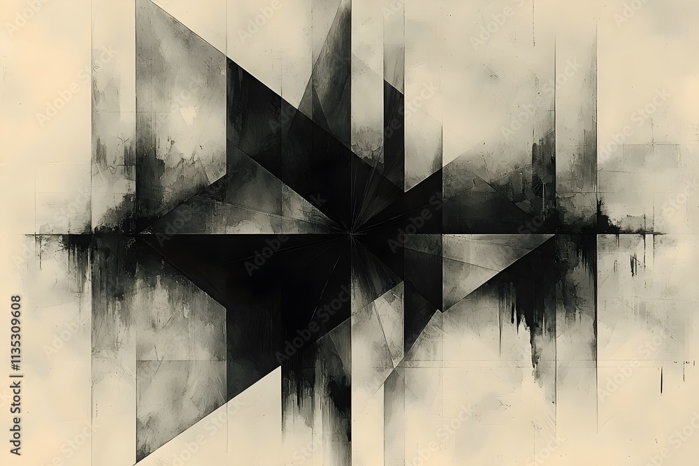 Poster an abstract black and white geometric design featuring sharp angles and dynamic shapes, creating an 