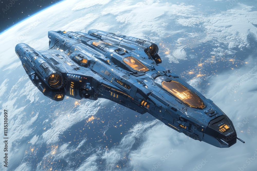 Aufkleber a spaceship in the depths of space. a science fiction scene, created with 3d rendering.
