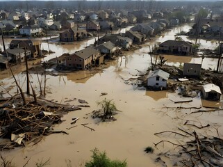 Naklejka premium Flood Damaged Homes Aerial View Disaster Aftermath