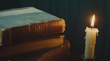 A candle illuminates stacked vintage books, creating a warm, inviting atmosphere.