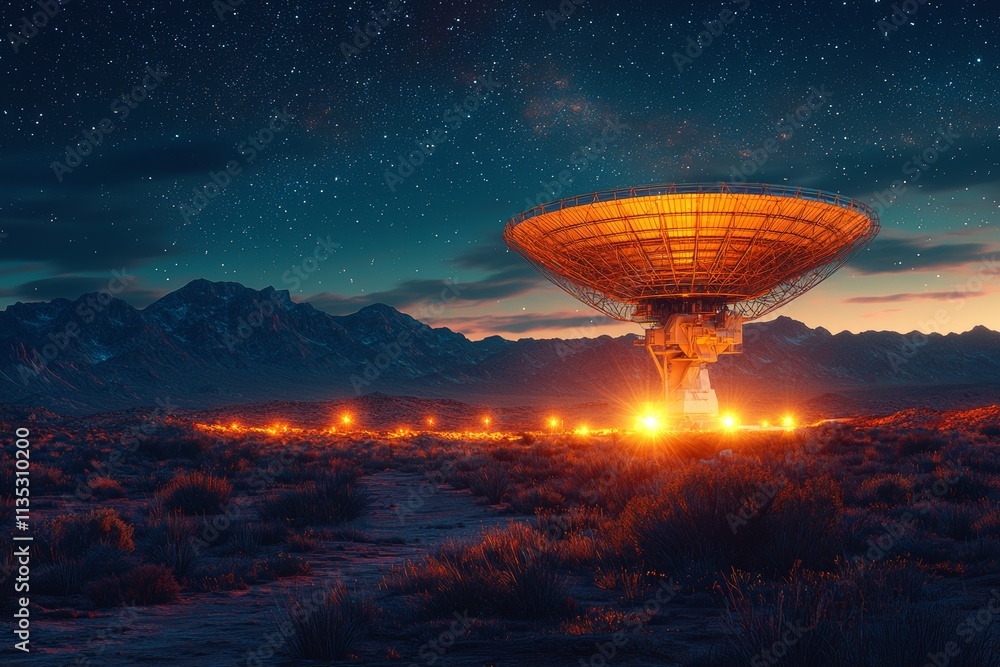 Poster the space science antenna of an astronomical radio telescope rotates as it points towards the sky.