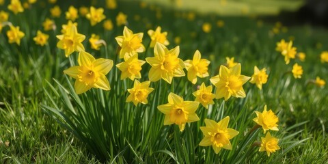 Obraz premium Bright yellow daffodils blooming in a lush green meadow, blossom, bright, daffodil bloom