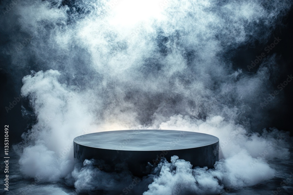 Poster dramatic circular display platform surrounded by thick smoke and fog with ethereal lighting effects 