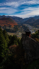 View on Yamagata autumn landscape from a mountain temple tower