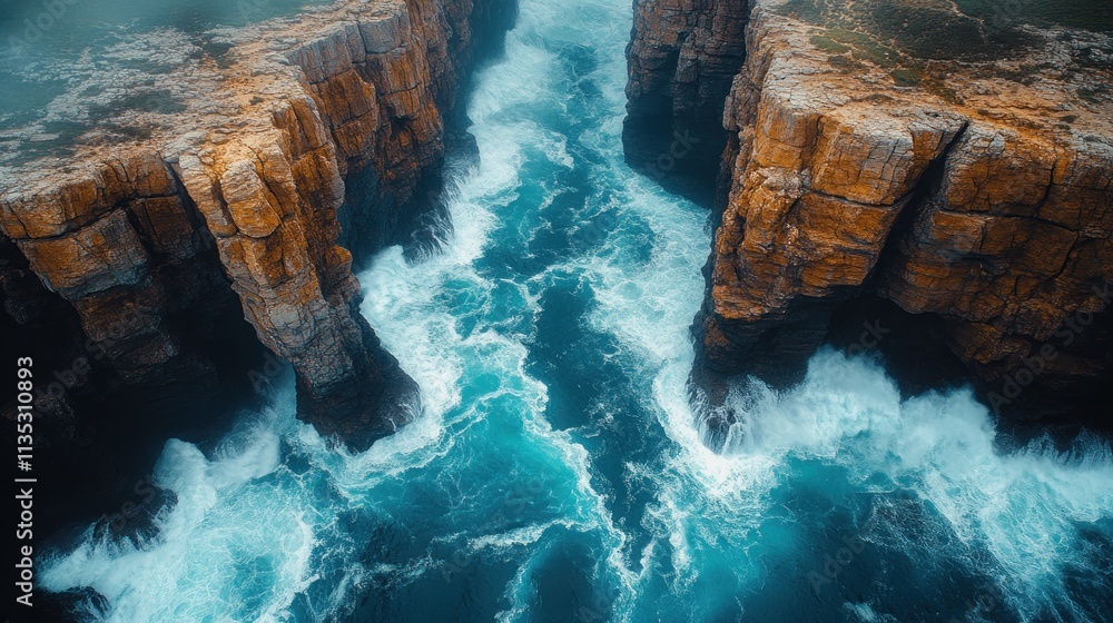 Poster aerial view of rocky cliffs with turbulent ocean waves crashing between them.