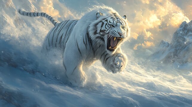 A ferocious white tiger roaring dominantly in a snowy landscape with frosty air swirling