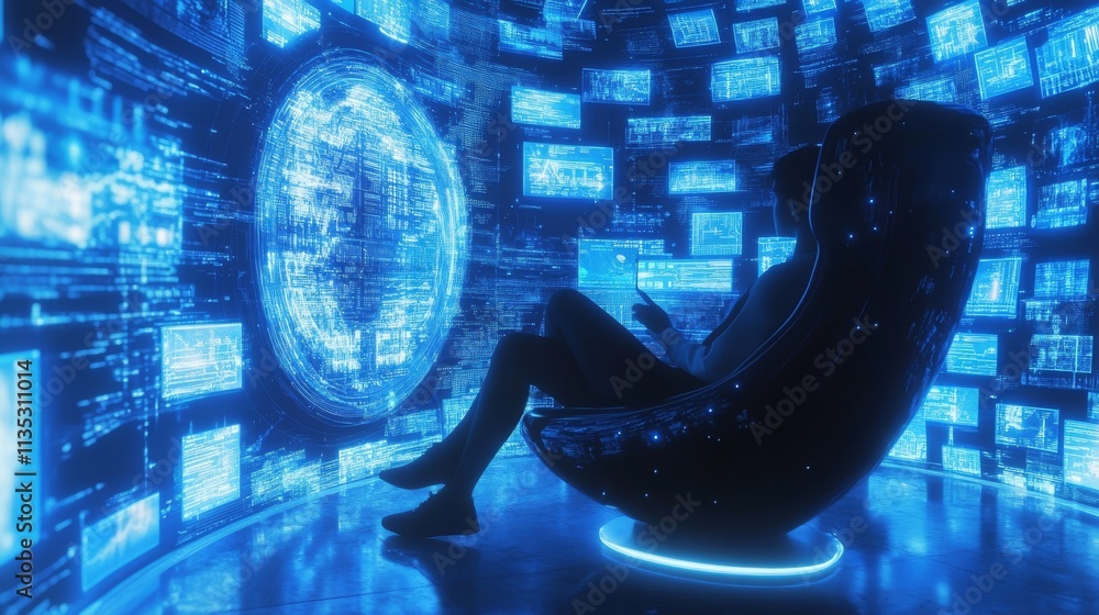 Poster a silhouette of a person in a sleek chair sits in a fully immersive virtual reality command room wit