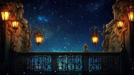 Romantic Fairy Tale Style Balconies with Lanterns and Starry Night Backdrops