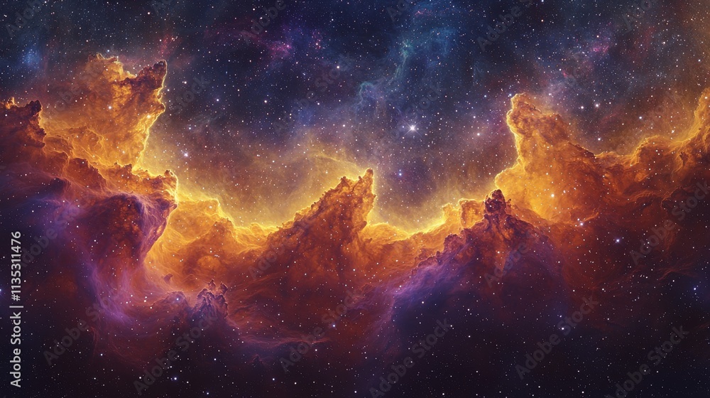 Poster panoramic view of a space nebula with stars in equirectangular projection