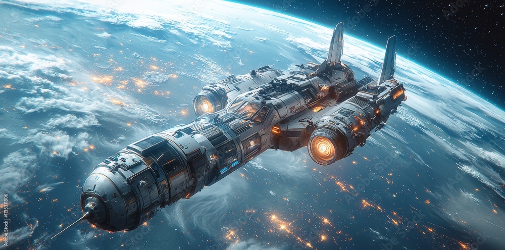 Canvas Prints in this beautiful space image, a tiny white shuttle floats in the vastness of space, with a small bl