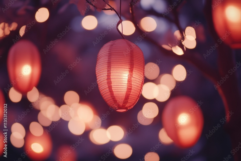 Poster elegant red lanterns hanging among soft bokeh lights creating a dreamy atmosphere perfect for celebr