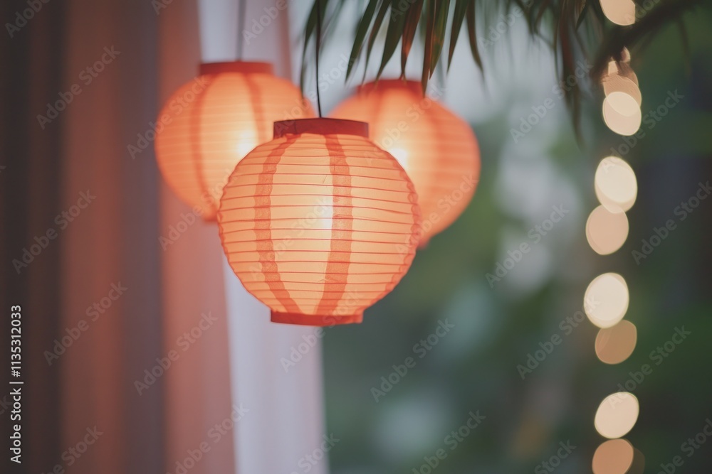 Poster elegant glowing paper lanterns hanging softly in a serene garden at dusk, creating a warm and inviti