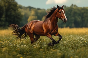 Obraz premium Brown horse galloping across meadow bright green grass beneath vibrant summer nature setting