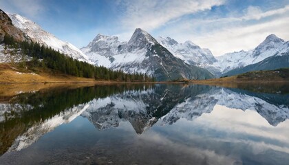 Obraz premium Majestic Peaks of Snow-Capped Mountains Reflected Perfectly in a Calm Alpine Lake