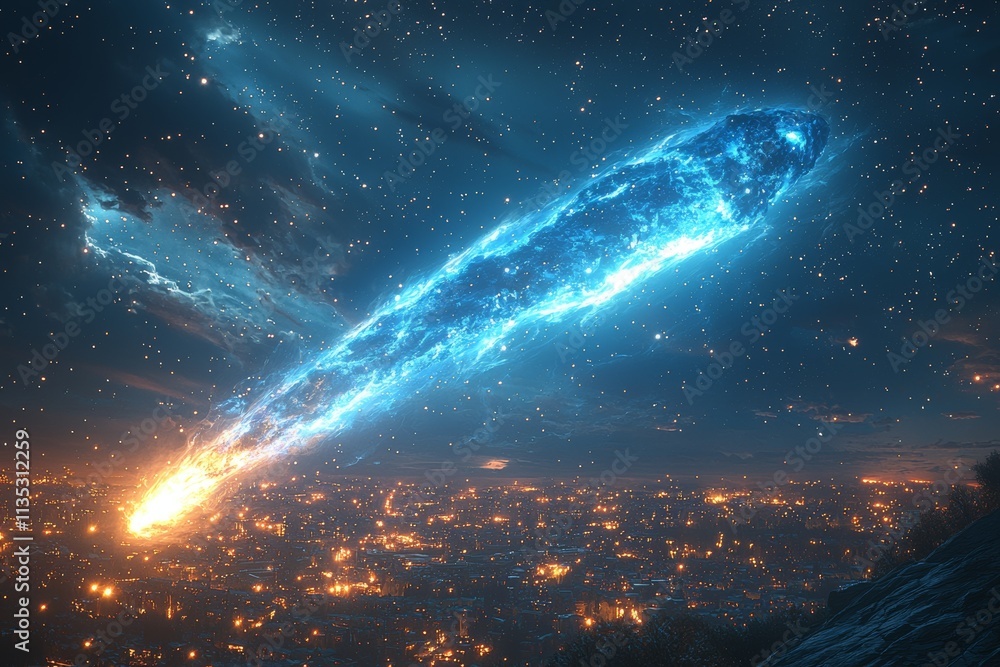 Poster a shining comet featuring a detailed core in the vastness of space.