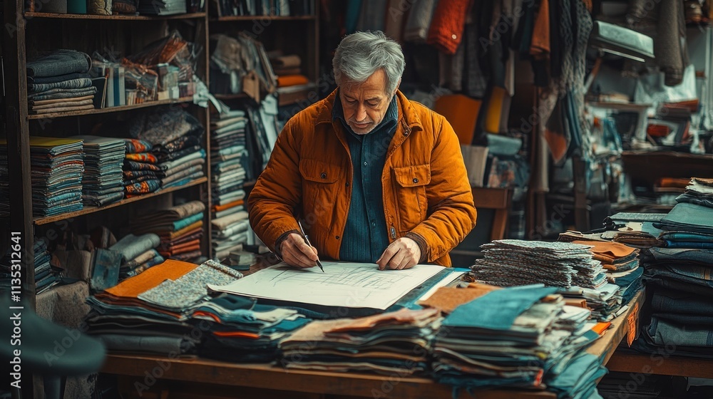 Poster a man sketches designs in a fabric workshop surrounded by colorful textiles.