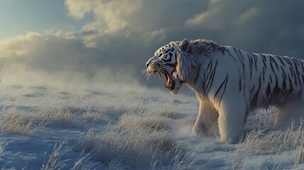 A ferocious white tiger roaring loudly in an empty snowy field with sharp icy winds