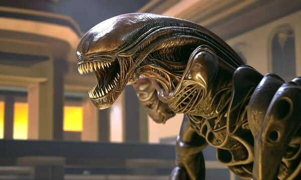 Close-up of a Xenomorph's Head, showcasing its detailed anatomy and sharp teeth.