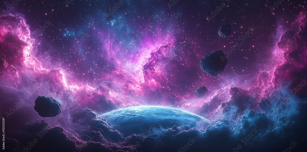 Poster examining an asteroid belt around a remote planet, where the deep space environment is filled with b