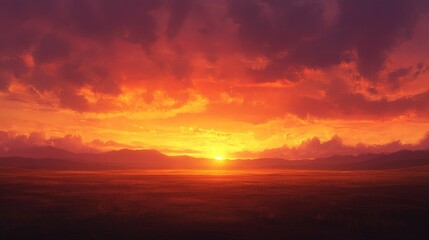 Obraz premium Fiery sunset over flat, grassy plains and distant mountains.