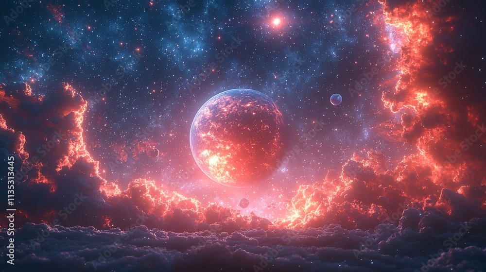Canvas Prints a vivid cosmic scene with three planets and a star.