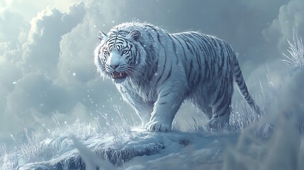 A ferocious white tiger standing dominantly on a snowy ridge surrounded by frozen grass