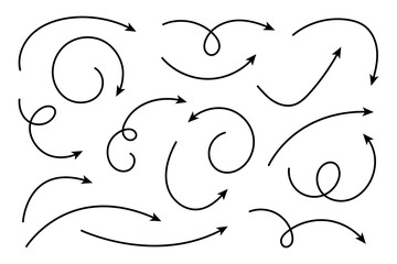 Collection of curved arrows. Set simple curved hand drawn arrows.