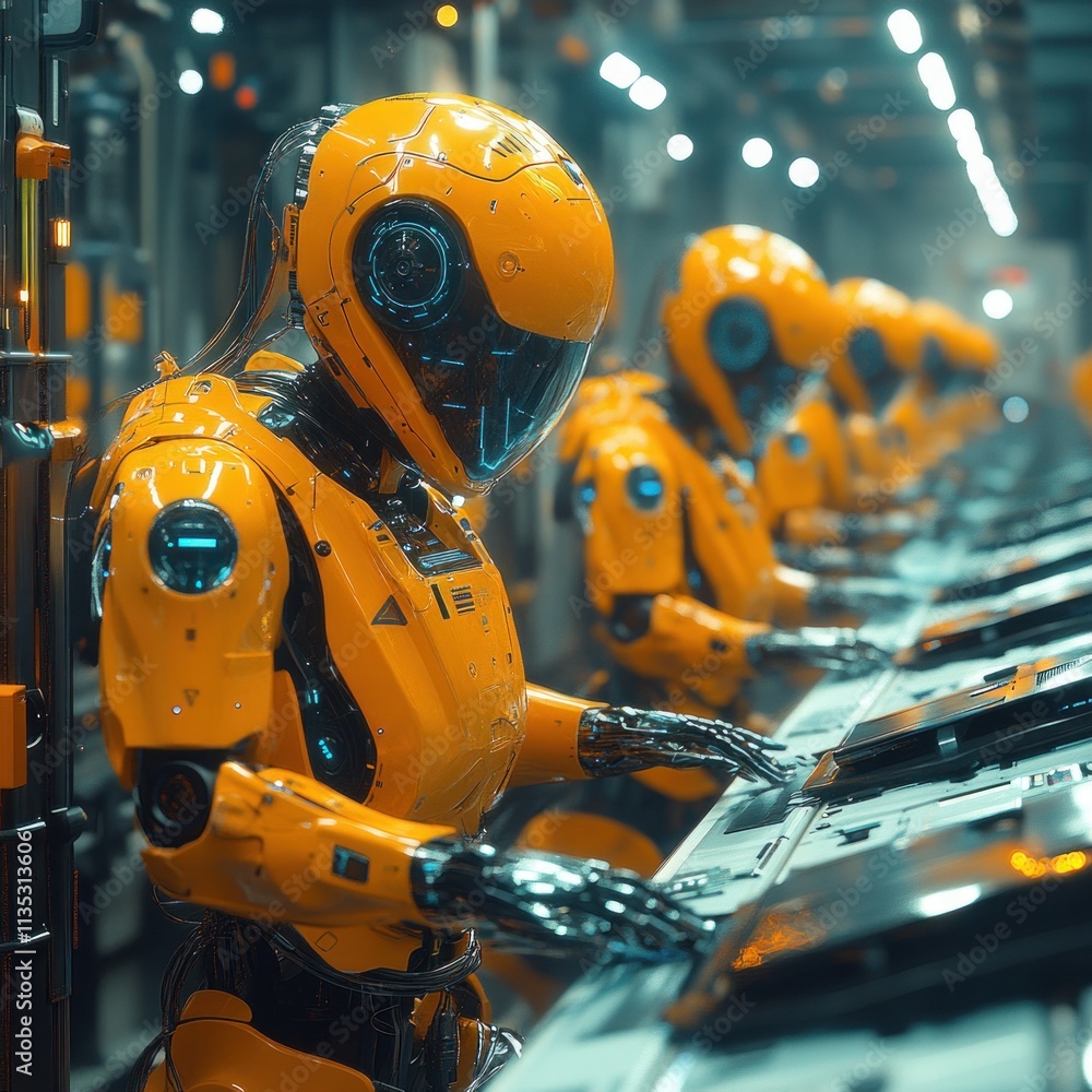 Poster a futuristic scene of orange robots working on assembly lines in a high-tech environment.