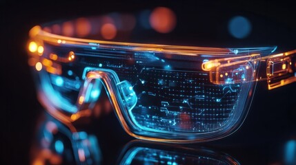 Close-up of augmented reality glasses with glowing digital projections for immersive tech