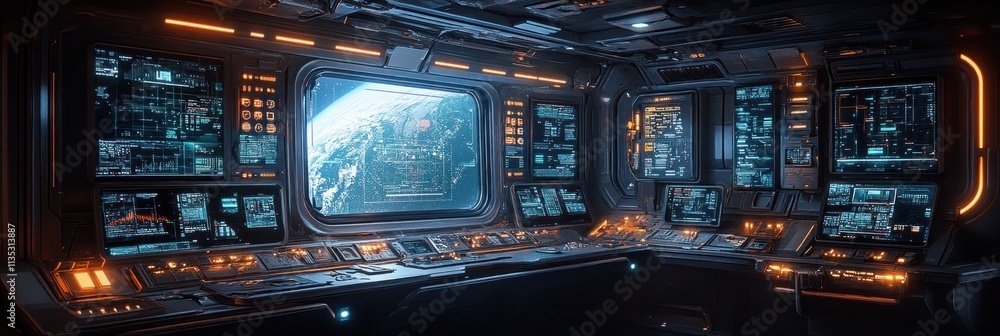 Poster futuristic control room with screens displaying earth and data.