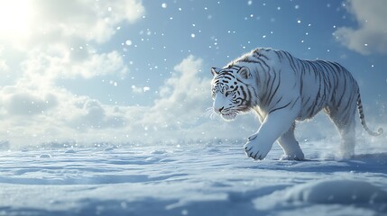 A ferocious white tiger prowling across a vast frozen plain with snowflakes falling